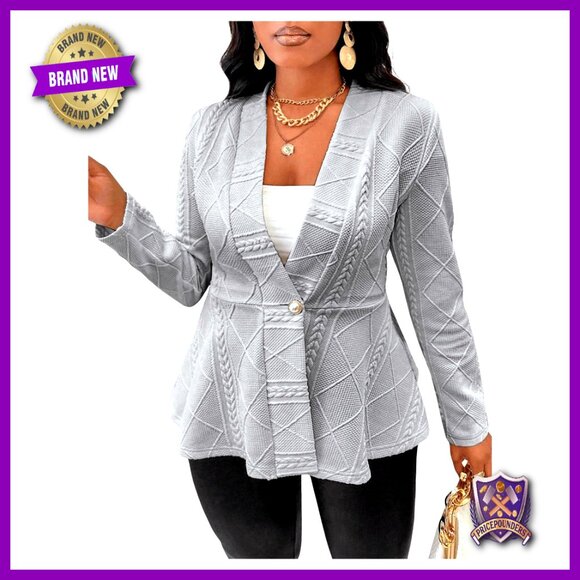 Plus Size Textured Button Down Blazer with Ruffle Hem Slim Fit Jacket